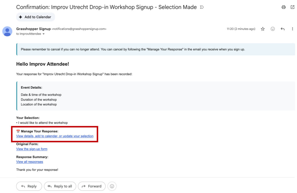 Dropin Workshop Confirmation Email